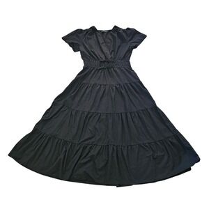 Meadow Rhodes Womens Black Tiered Maxi Dress Medium Smocked Waist V-Neck